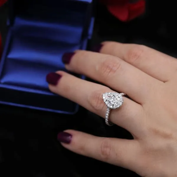 Diamond Source NYC Rings Halo Engagement Ring Set in 14K White Gold 201ct tw Pear Shape Round Brilliant Clarity Enhanced Diamonds