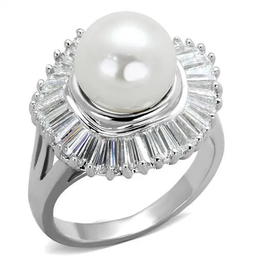 Alamode Rings 3W1073 Rhodium Brass Ring with Synthetic Pearl in White