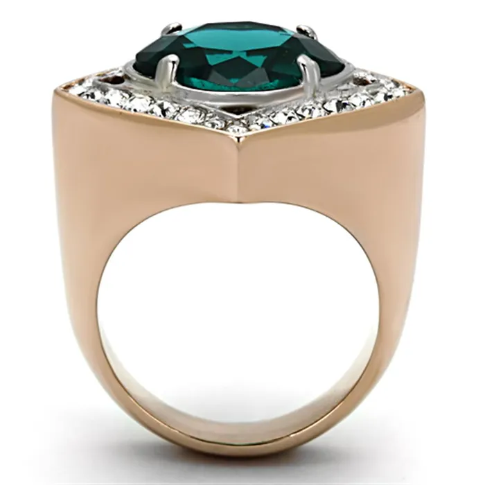 Alamode Rings TK1160 TwoTone IP Rose Gold Stainless Steel Ring with Synthetic Synthetic Glass in Blue Zircon