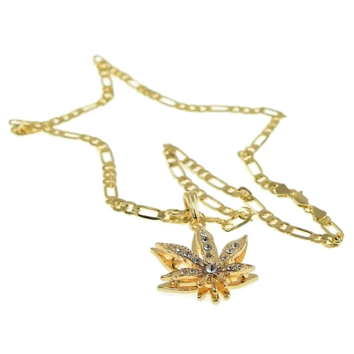 Bling Cartel Admin Weed Leaf Iced Pendant Gold Finish 24 Figaro Chain Necklace Necklaces