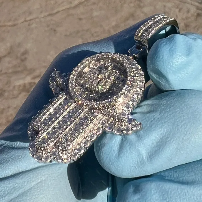 Bling Cartel Necklaces 925 Sterling Silver Hamsa Hand Of Fatima Allah Iced Bling Out CZ Pendant