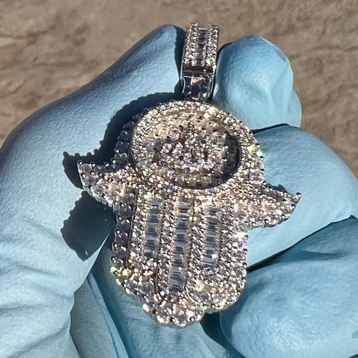 Bling Cartel Necklaces 925 Sterling Silver Hamsa Hand Of Fatima Allah Iced Bling Out CZ Pendant