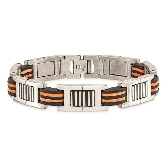Bracelets Chisel Stainless Steel Orange and Black Rubber Polished Bracelet