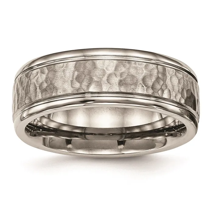 Chisel Rings Titanium Polished wSatin Hammered Center Grooved Ring TB480