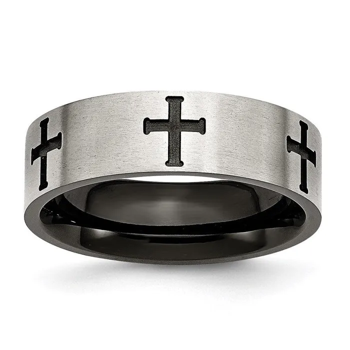 Chisel Stainless Steel 7mm Black IPplated Crosses BrushedPolished Band Rings