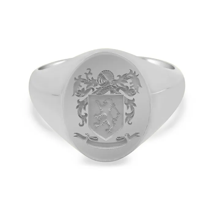 deBebians Rings Mens Oval Signet Ring Small Laser Engraved Family Crest Logo