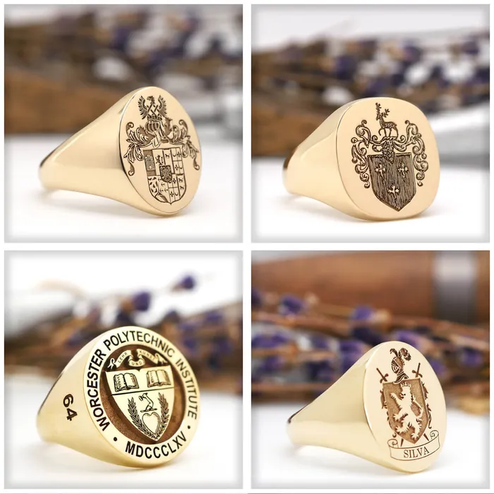 deBebians Rings Mens Oval Signet Ring Small Laser Engraved Family Crest Logo