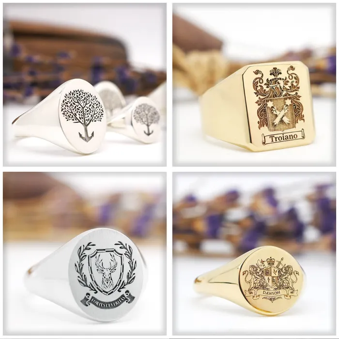deBebians Rings Mens Oval Signet Ring Small Laser Engraved Family Crest Logo
