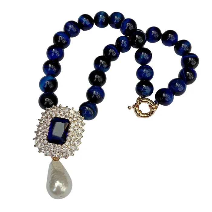 Necklaces Divine Inspiration Styles KEYGEMS Womens Elegant Fashion Stylish Genuine Blue Tiger Eye Pearl Necklace Jewelry