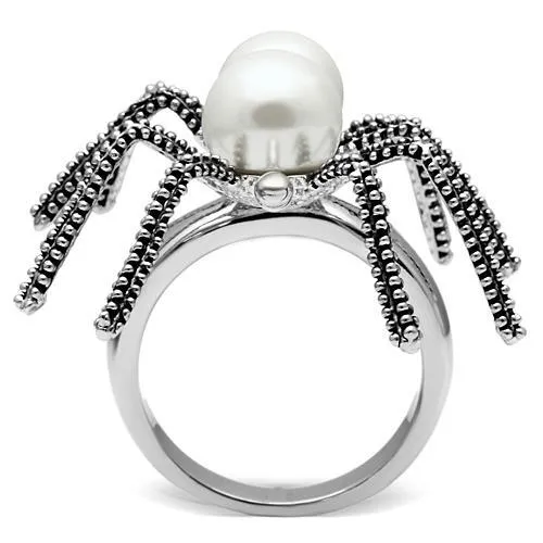 Rings Alamode 3W226 Rhodium Brass Ring with Synthetic Pearl in White