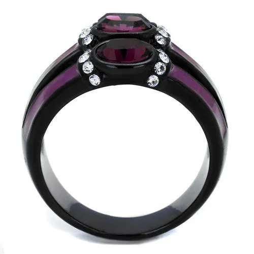 TK2213 IP BlackIon Plating Stainless Steel Ring with Top Grade Crystal in Amethyst Alamode Rings