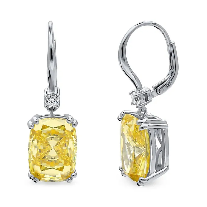 BERRICLE Earrings Solitaire Canary Yellow CZ Leverback Earrings in Sterling Silver