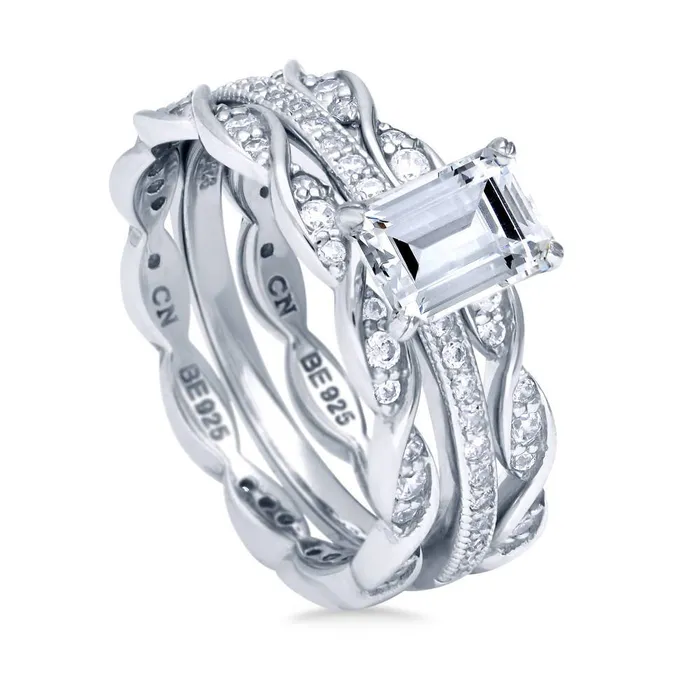 Rings Solitaire Woven 1ct Emerald Cut CZ Ring Set in Sterling Silver BERRICLE