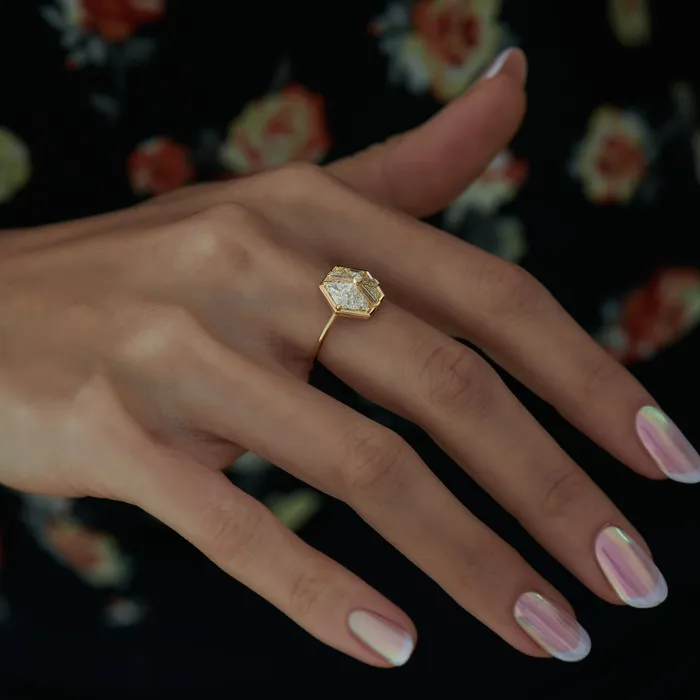 ARTEMER Rings Hexagon Engagement Ring with Cluster of Diamonds