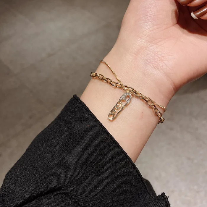 Bracelets Refined by AnnaKaci Double Layered Gold Chain Bracelet with Safety Pin Charm Bracelets Refined by AnnaKaci Double Layered Gold Chain Bracelet with Safety Pin Charm