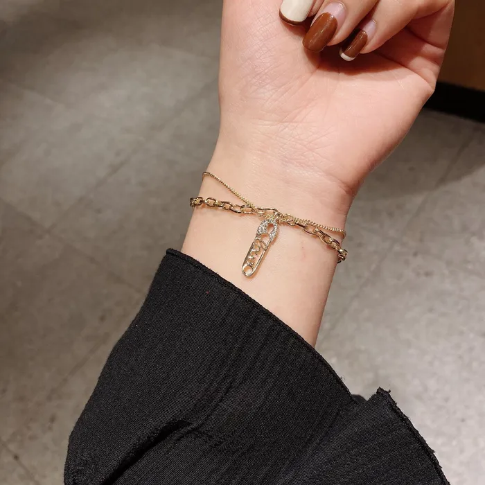 Bracelets Refined by AnnaKaci Double Layered Gold Chain Bracelet with Safety Pin Charm Bracelets Refined by AnnaKaci Double Layered Gold Chain Bracelet with Safety Pin Charm