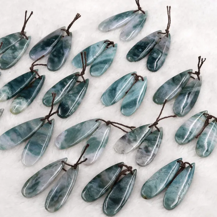 Intrinsic Trading Earrings Drilled Natural Green Mountain Jade Earring Pair Teardrop Cabochon Cab Pair Matched Earrings Bead Pair