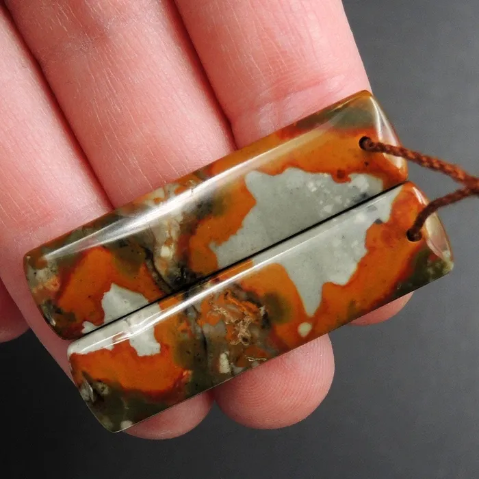 Intrinsic Trading Earrings Drilled Natural Owyhee Picture Jasper Earring Pair Gemstone Drilled Cabochon Cab Pair Rectangle Matched Earring Bead Pair From Oregon E3364