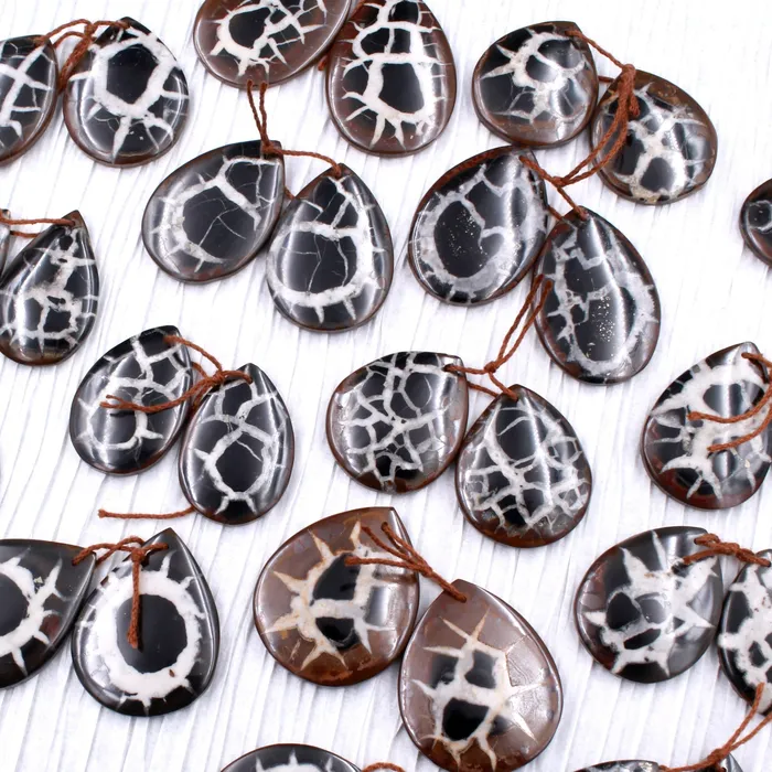 Intrinsic Trading Earrings Natural Septarian Fossil Large Earring Pair Cabochon Cab Pair Drilled Teardrop Matched Earrings Black White Pattern Bead Pair