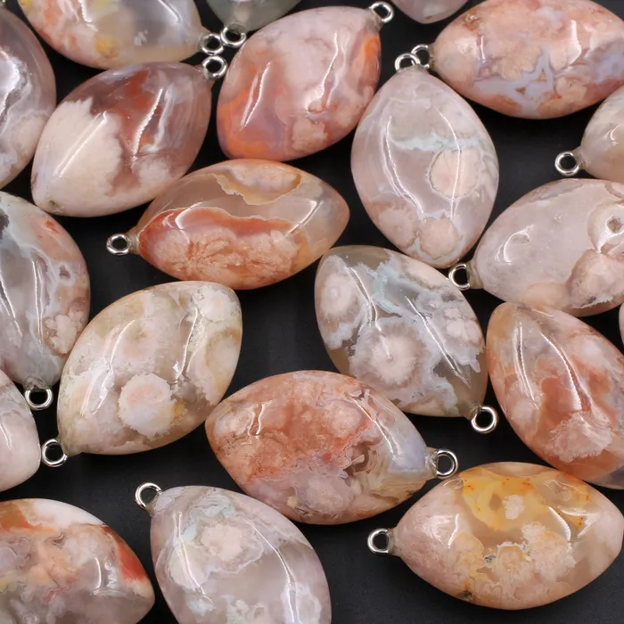 Intrinsic Trading Necklaces AAA Natural Cherry Blossom Agate Pendant Marquise Leaf Oval Shape Small Puffy Gemmy Natural Stone Pendant