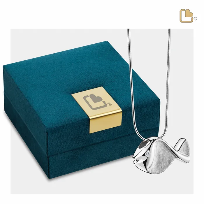LoveUrns Treasure Rings Fish Two Tone with Clear Crystal Sterling Silver Cremation Pendant