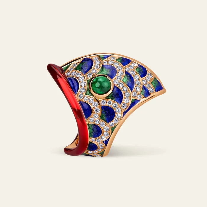 Lucky You Ring Hand crafted in 18k rose gold and set with highquality white diamonds round cabochon emeralds and blue green and red enamel Rings