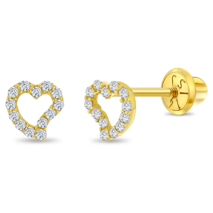 Earrings 14k Gold CZ Encrusted Heart Clear Baby Toddler Kids Earrings Safety Screw Back Kids Screw Back Earrings
