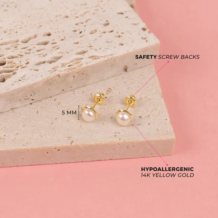 Earrings Baby Screw Back Earrings 14k Gold Formal Freshwater Pearl 6mm Kids Childrens Girls Earrings Safety Screw Back