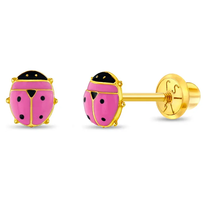 Earrings Baby Screw Back Earrings 14k Gold Tiny Colorful Ladybug Baby Toddler Kids Earrings Safety Screw Back Enamel