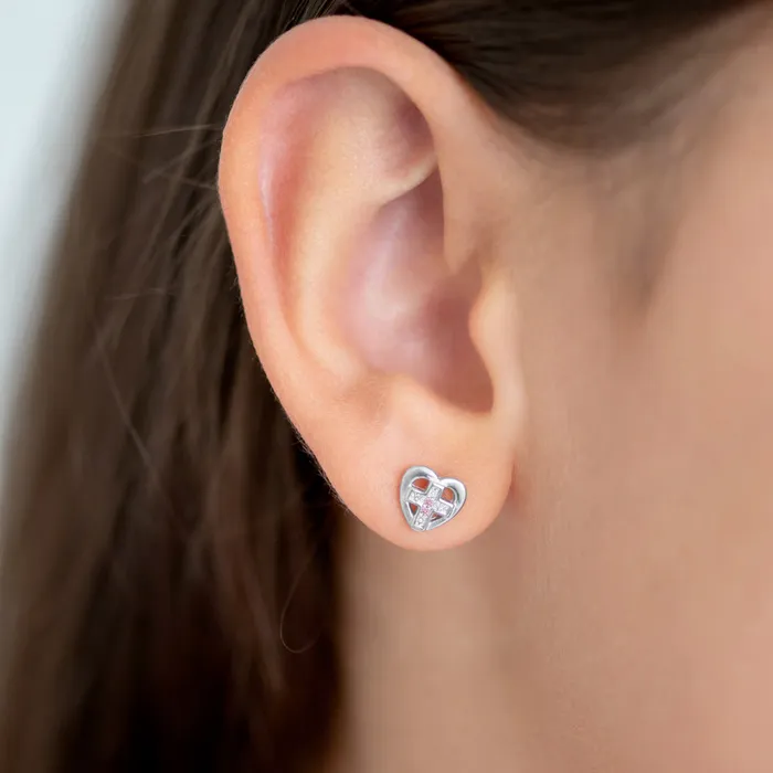 Earrings Love of God Heart Cross Kids Childrens Girls Earrings Screw Back Sterling Silver Kids Screw Back Earrings