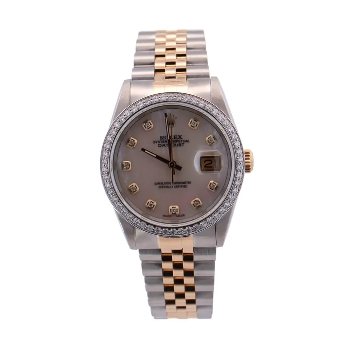 Happy Jewelers Rings Rolex Datejust Two Tone Yellow Gold Steel 36mm White MOP Diamond Dial Watch Reference 16233 Happy Jewelers Rings Rolex Datejust Two Tone Yellow Gold Steel 36mm White MOP Diamond Dial Watch Reference 16233