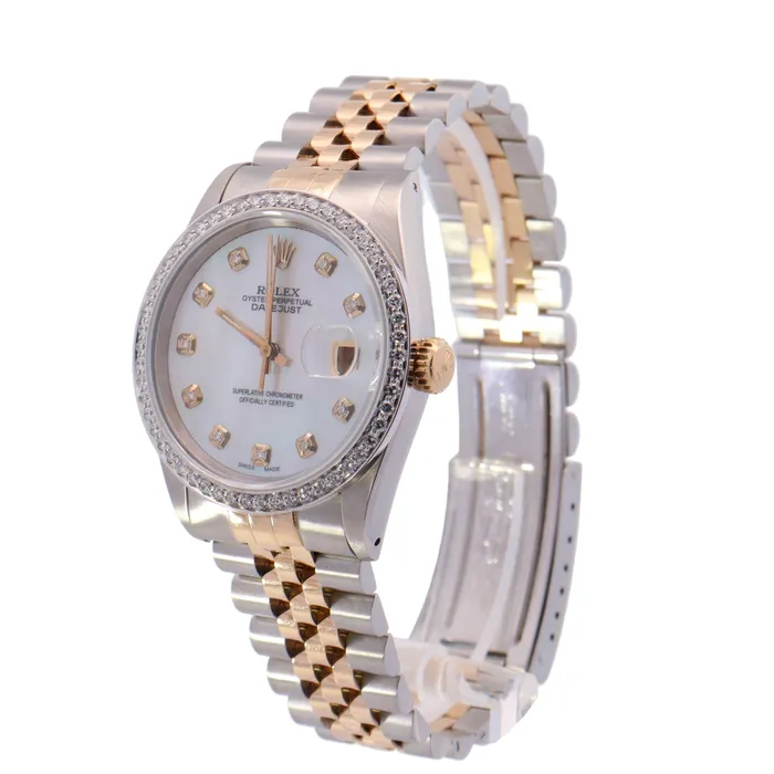 Happy Jewelers Rings Rolex Datejust Two Tone Yellow Gold Steel 36mm White MOP Diamond Dial Watch Reference 16233