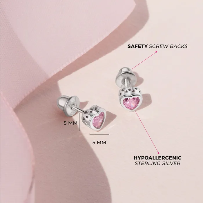 Kids Screw Back Earrings Earrings CZ Birthstone Heart Baby Toddler Kids Earrings Screw Back Basket Setting Sterling Silver
