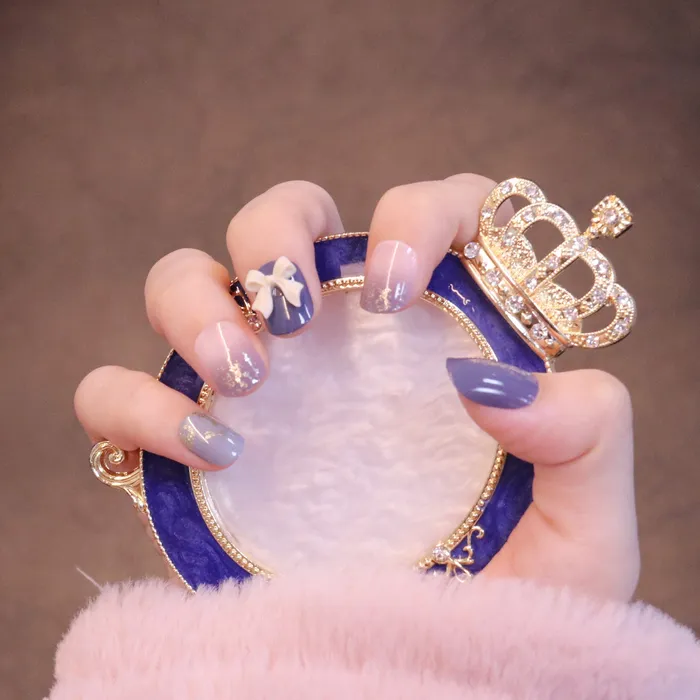 Refined by AnnaKaci Short Squared Oval Purple Press On Nails with Bow Charm Charm Necklaces